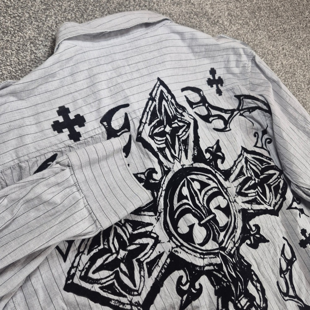 Y2K Raw State Button Up Shirt Mens XL Velvet Cross Grunge Redemption Gray